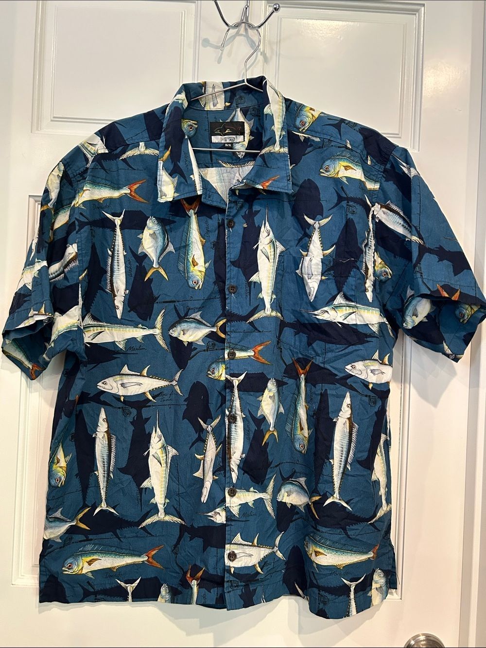 FINS Short-Sleeve Fish Print Button-Up Shirt - Blue XL